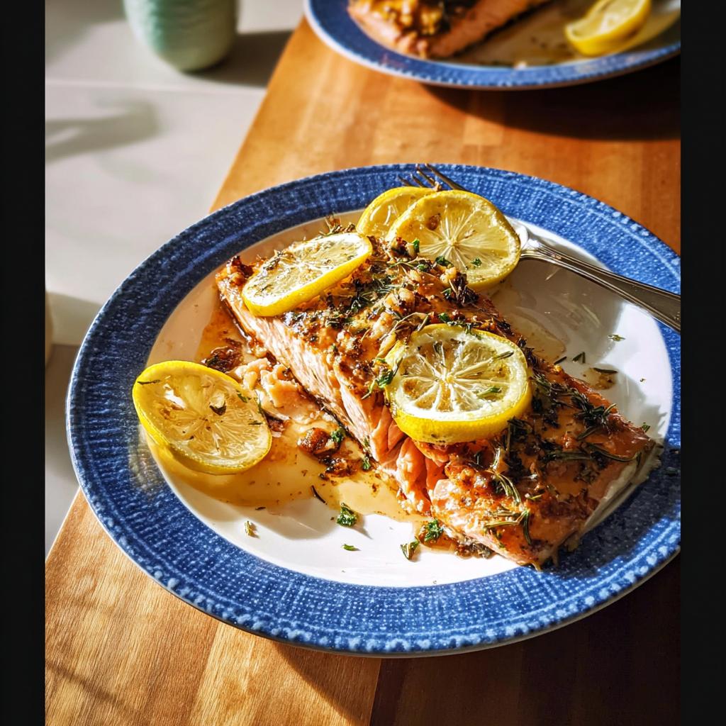 A perfectly cooked fillet of Baked Lemon Garlic Salmon topped with fresh lemon slices and herbs.