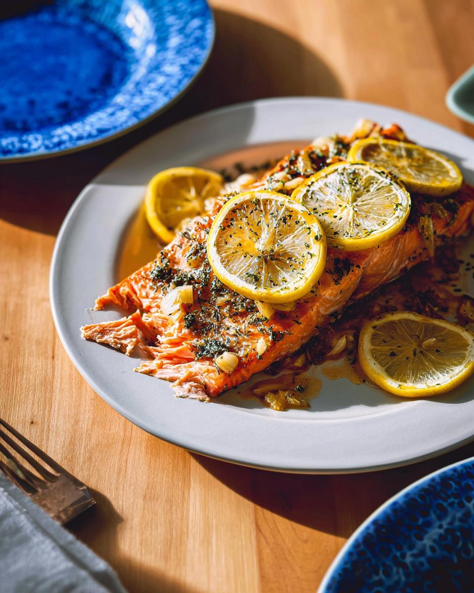 Flaky Baked Lemon Garlic Salmon topped with fresh lemon slices and herbs on a light plate.