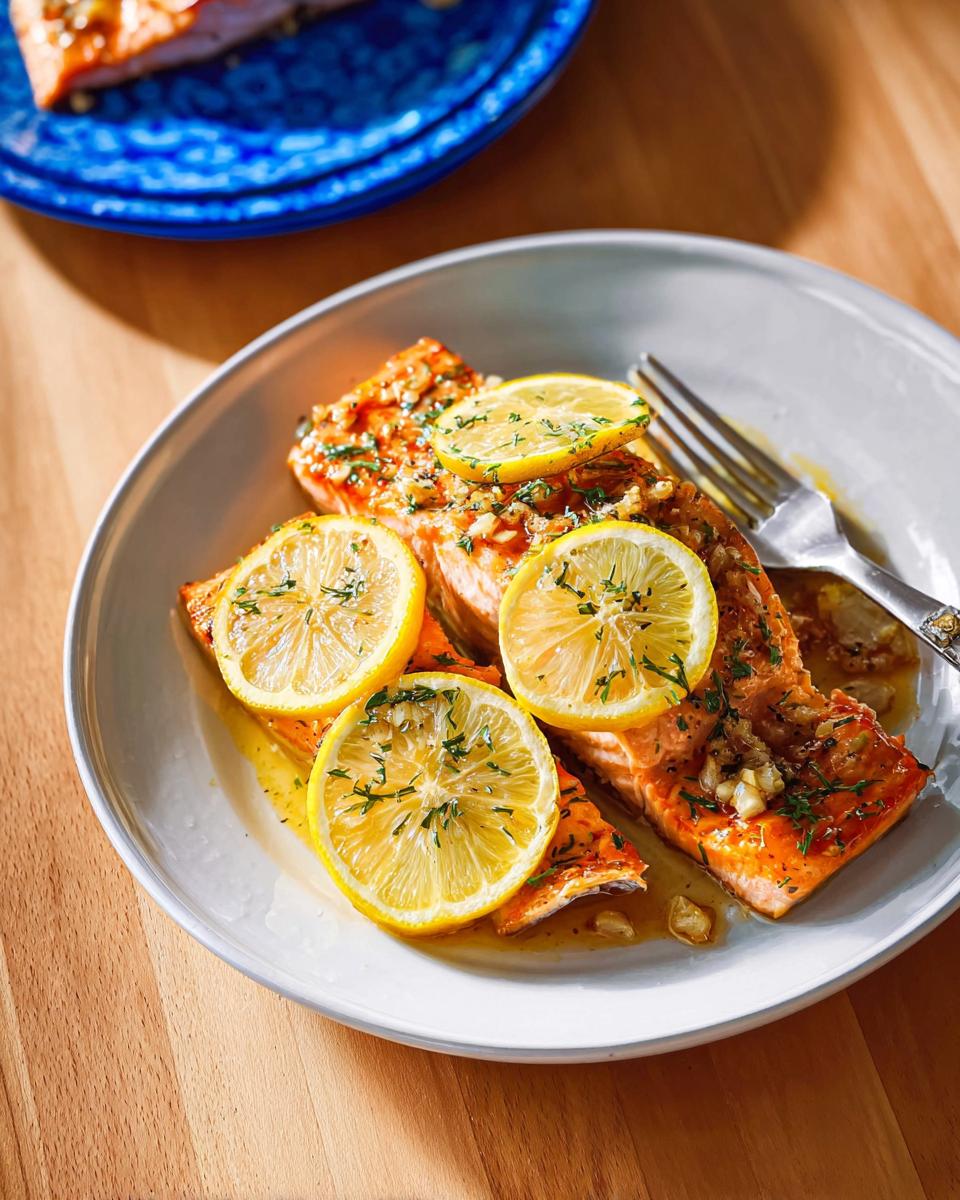 Close-up of flaky Baked Lemon Garlic Salmon topped with fresh lemon slices and herbs.