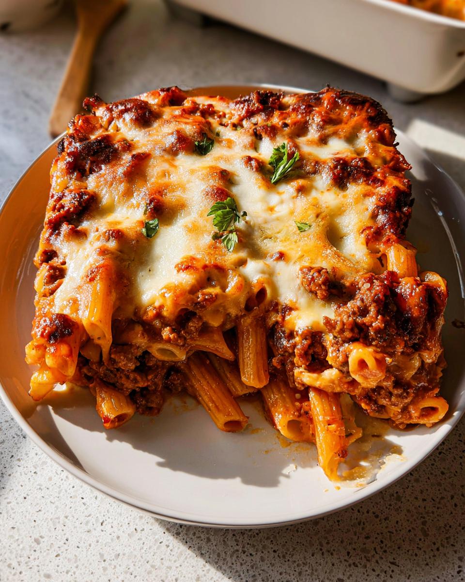 A square serving of Baked Ziti with Ground Beef, covered in melted, bubbly cheese and garnished with parsley.