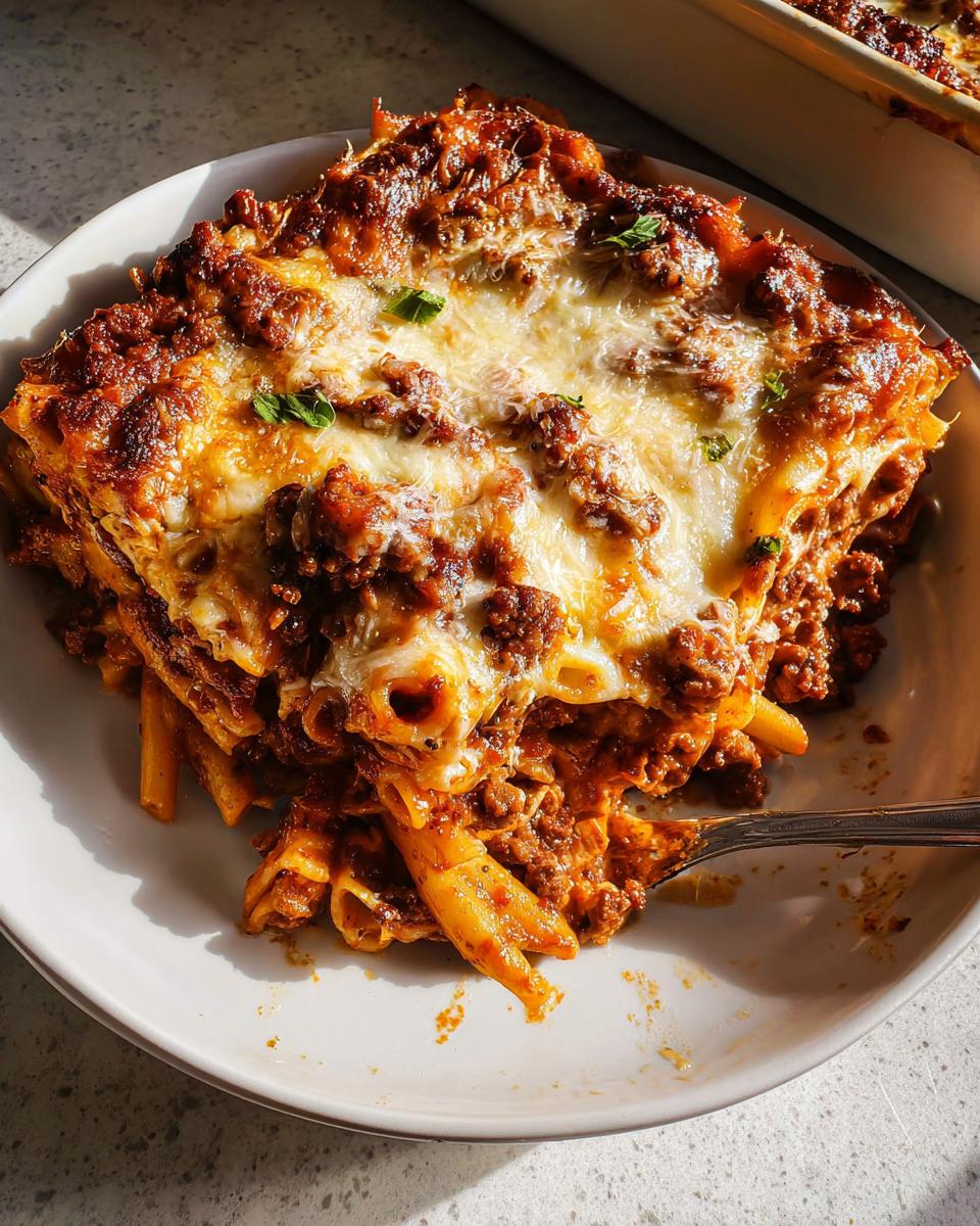 A generous serving of Baked Ziti with Ground Beef, featuring a rich meat sauce and bubbly, browned cheese topping.