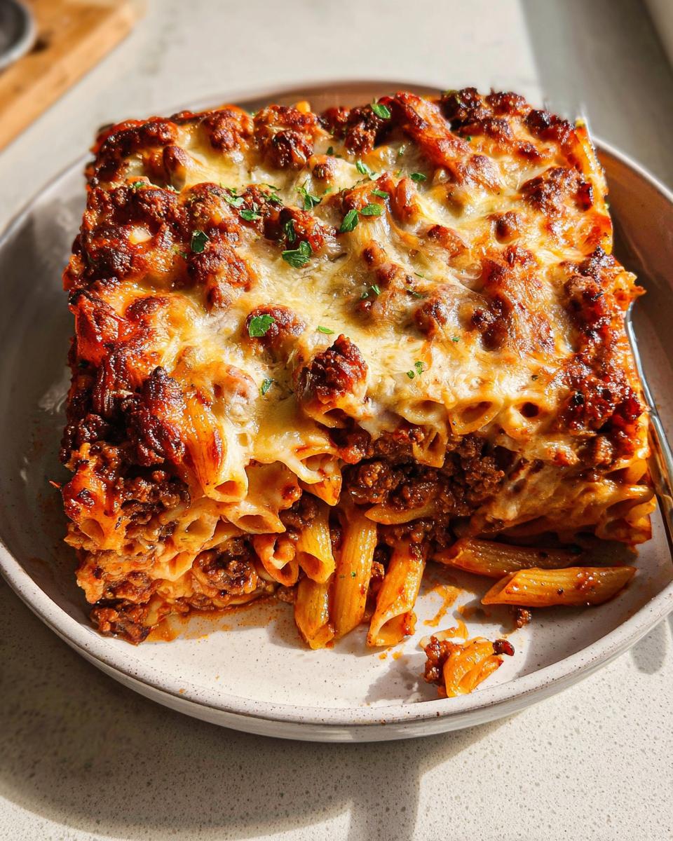 A generous square serving of Baked Ziti with Ground Beef, showing layers of ziti pasta, rich meat sauce, and a bubbly, browned cheese topping.