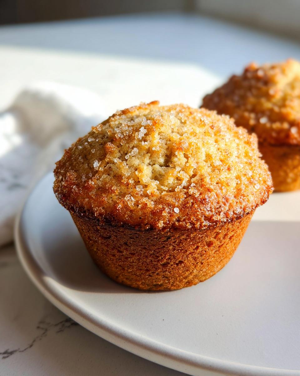 Close-up of a perfectly domed Bakery Style Banana Muffins topped with coarse sparkling sugar.