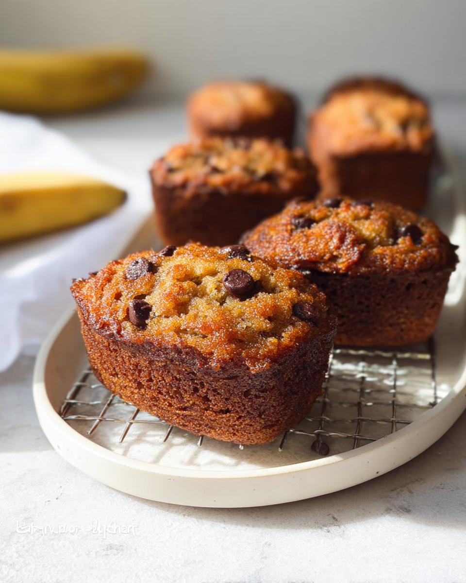 Close-up of several moist Banana Bread Minis topped with chocolate chips cooling on a wire rack.