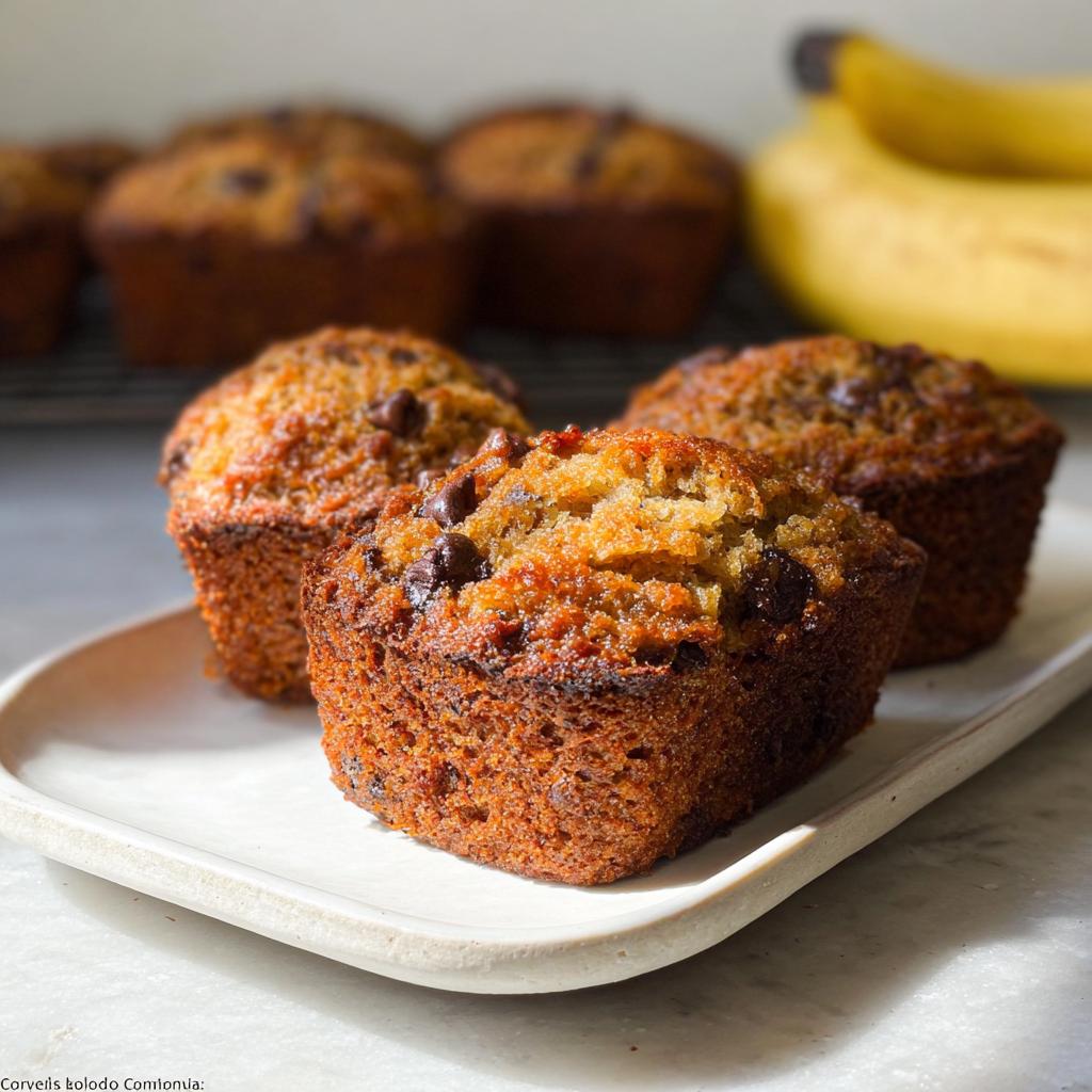 Three freshly baked Banana Bread Minis with visible chocolate chips resting on a small white platter.