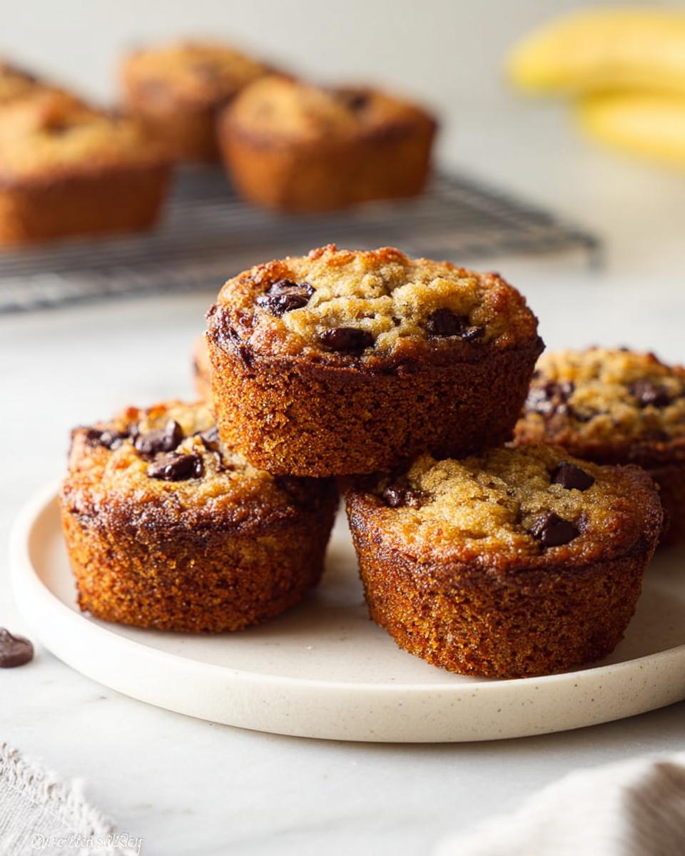 A stack of four golden-brown Banana Bread Minis topped with chocolate chips, resting on a light plate.