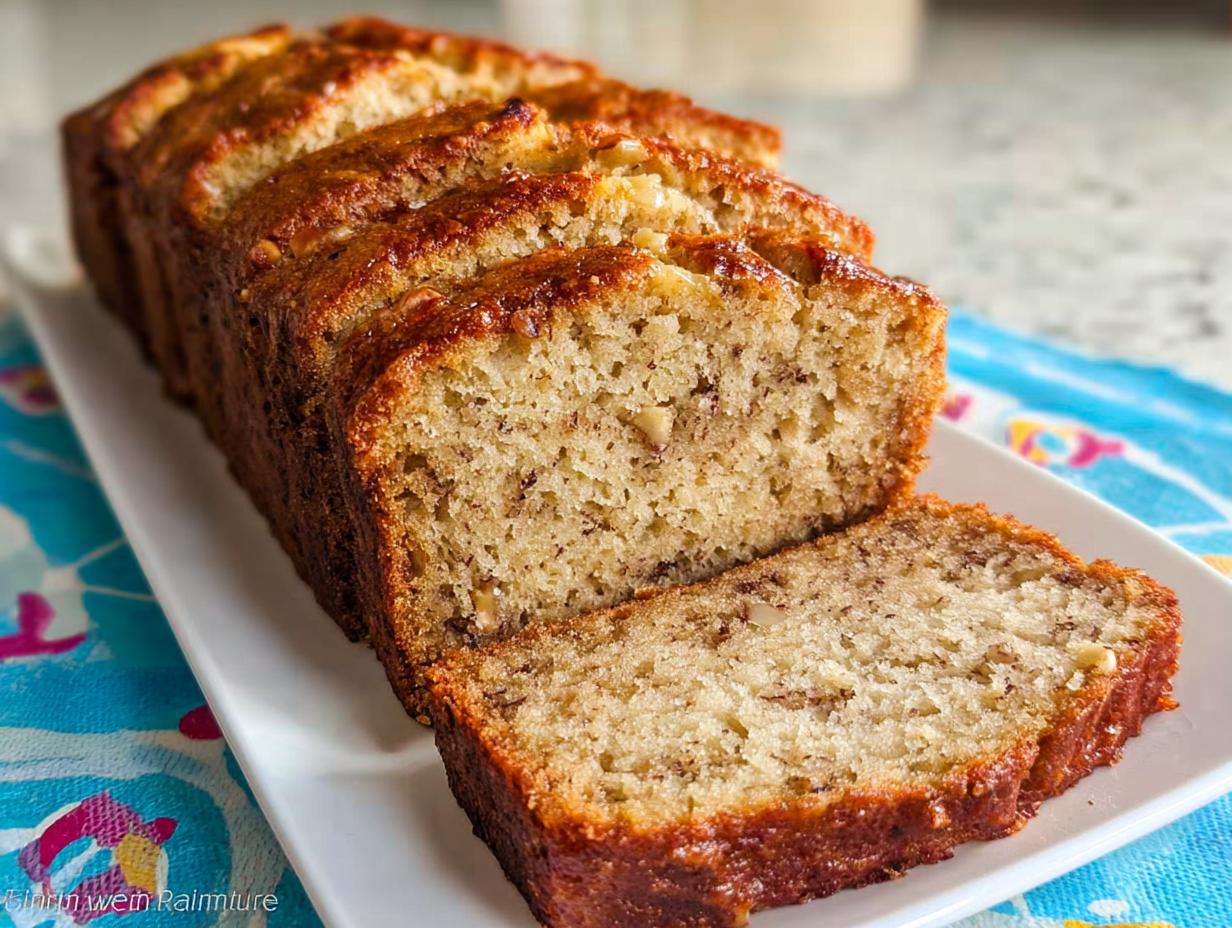 A loaf of moist Banana Bread with Sour Cream, sliced and displayed on a white platter.