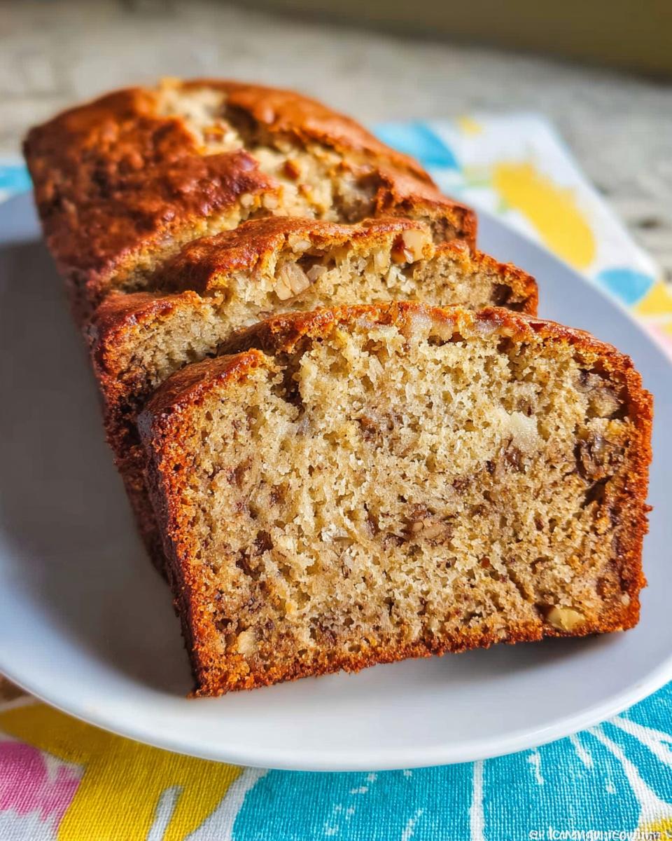 Close-up of sliced Banana Bread with Sour Cream showing a moist crumb and walnuts.