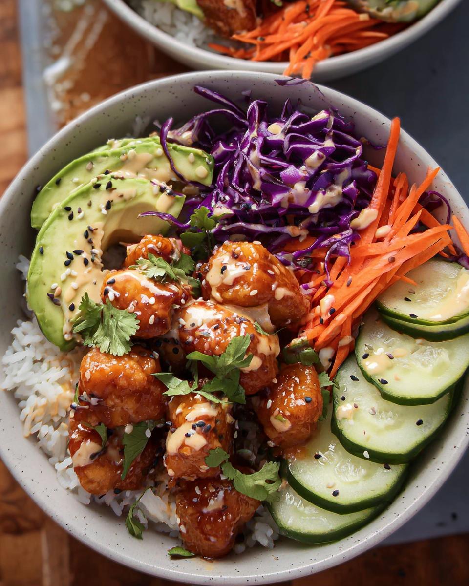 Close-up of a vibrant Bang Bang Chicken Bowl featuring crispy chicken, avocado, purple cabbage, carrots, and cucumbers over rice.