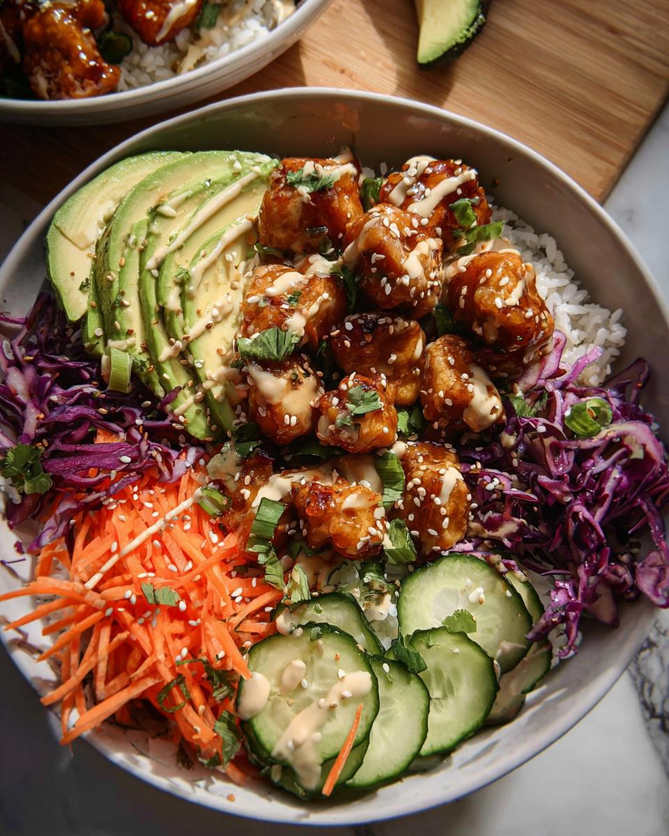 A vibrant Bang Bang Chicken Bowl featuring crispy chicken pieces, rice, avocado slices, shredded carrots, cucumber, and red cabbage.
