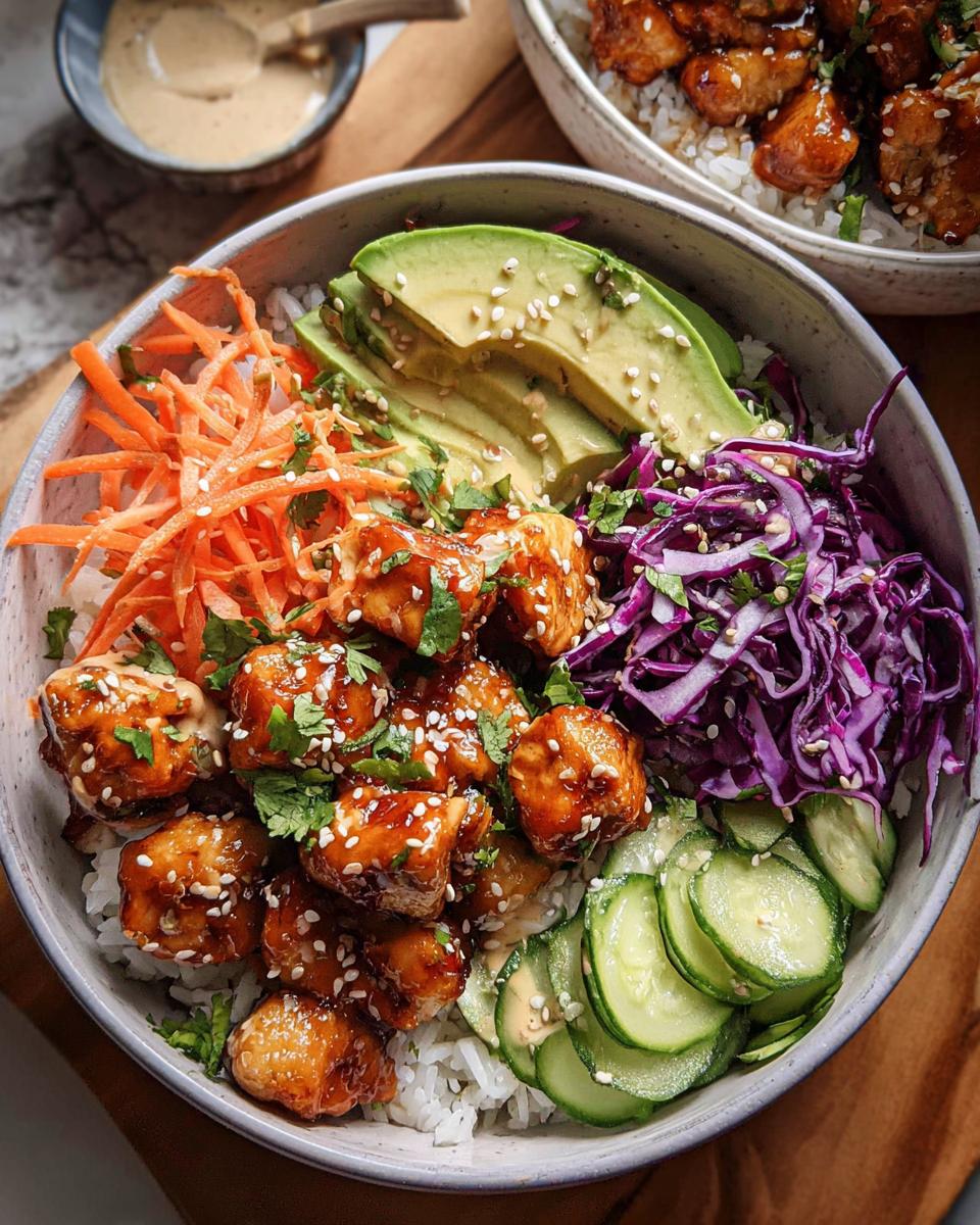 Close-up of a Bang Bang Chicken Bowl featuring glazed chicken pieces over rice, topped with avocado, shredded carrots, red cabbage, and cucumbers.