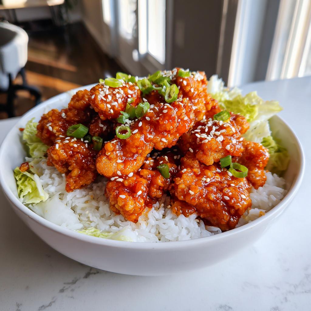 A white bowl filled with white rice, topped with crispy, saucy Bang Bang Chicken, lettuce, and garnished with sesame seeds and green onions.
