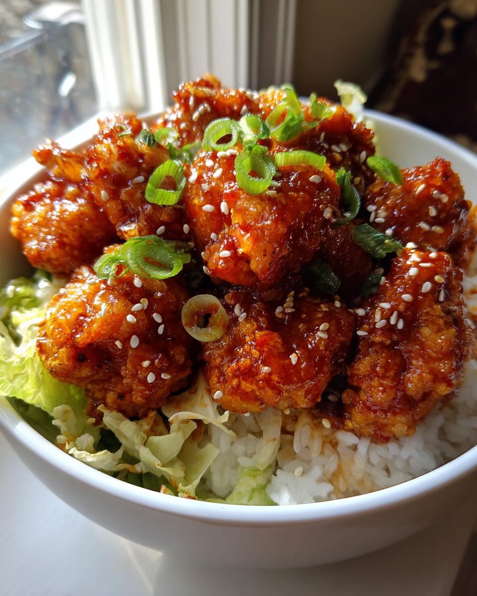 Close-up of a white bowl filled with rice, lettuce, and topped with glossy, saucy Bang Bang Chicken Bowl pieces garnished with sesame seeds and green onions.