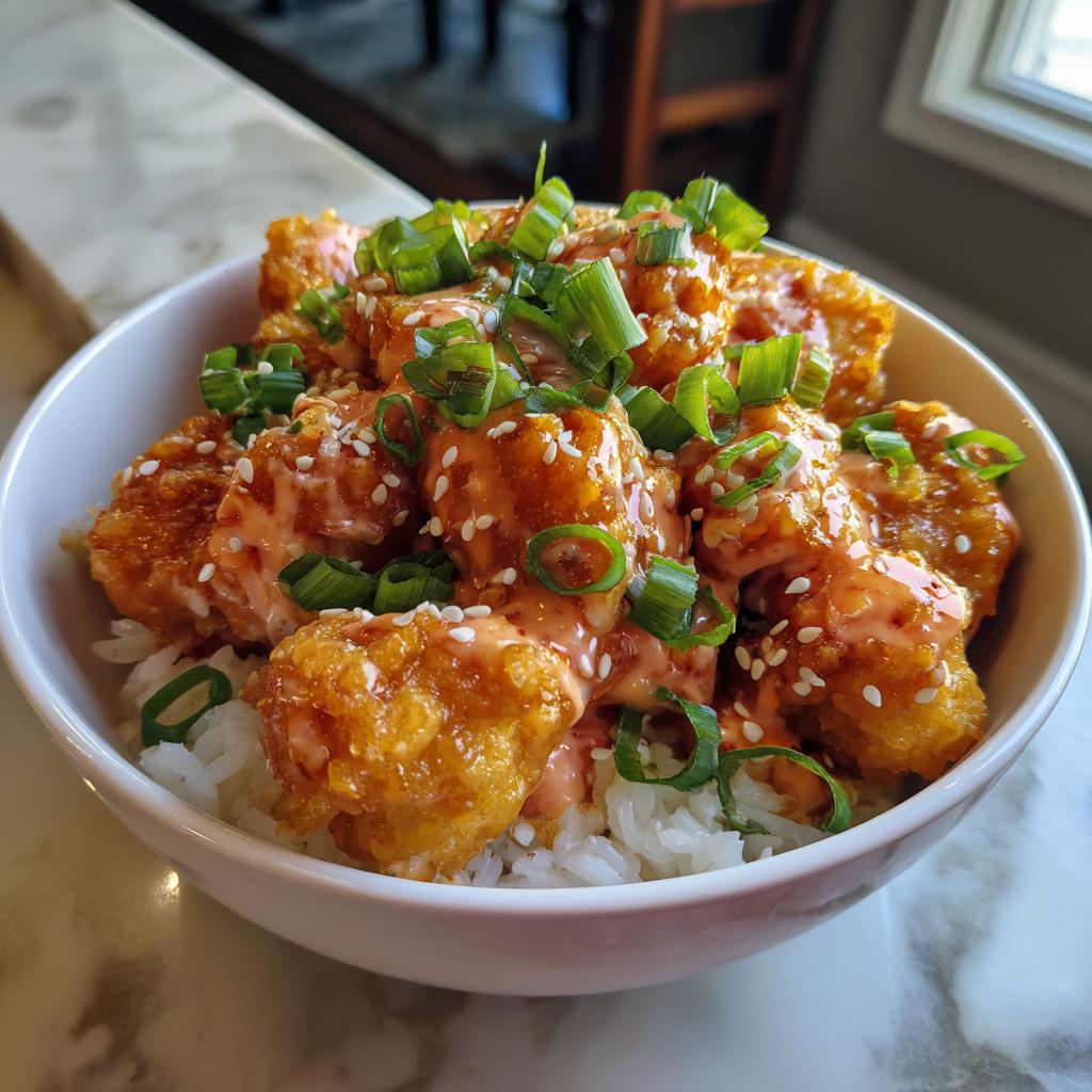Close-up of a Bang Bang Chicken Bowl featuring crispy chicken pieces tossed in sauce over rice, garnished with green onions and sesame seeds.