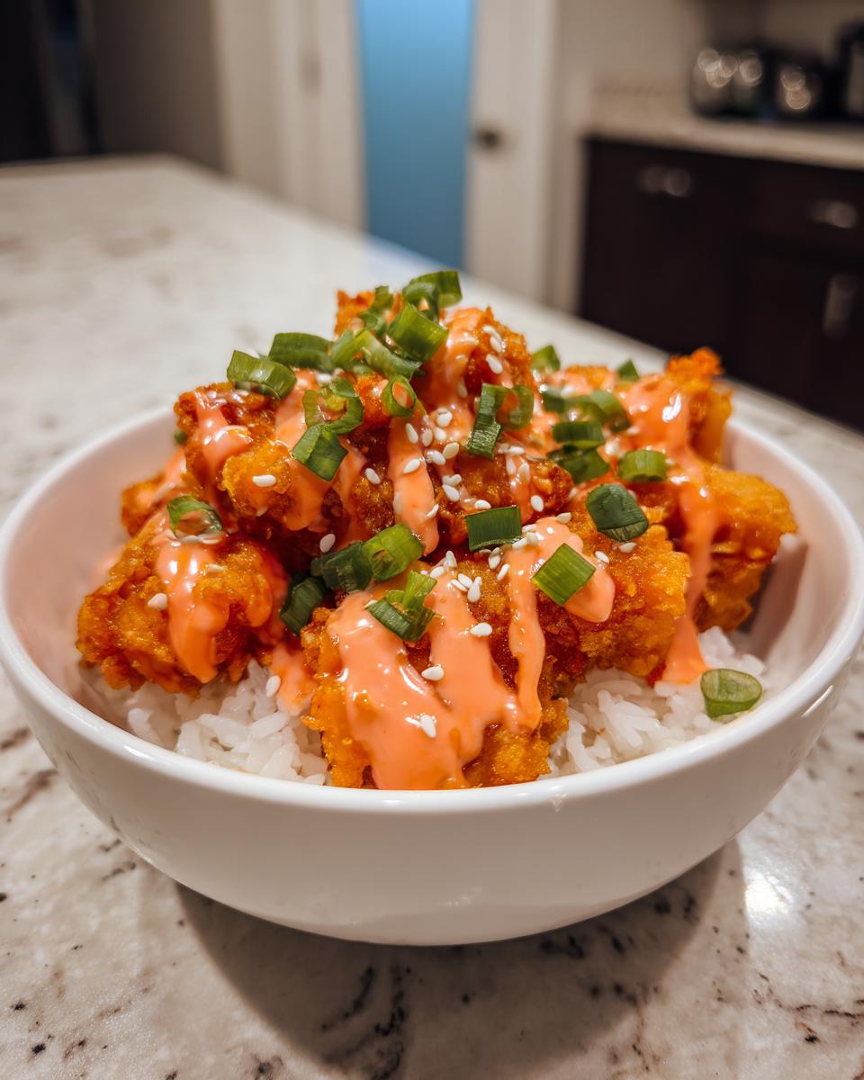 A close-up view of a white bowl filled with white rice topped with crispy Bang Bang Chicken Bowl pieces drizzled with orange sauce and green onions.