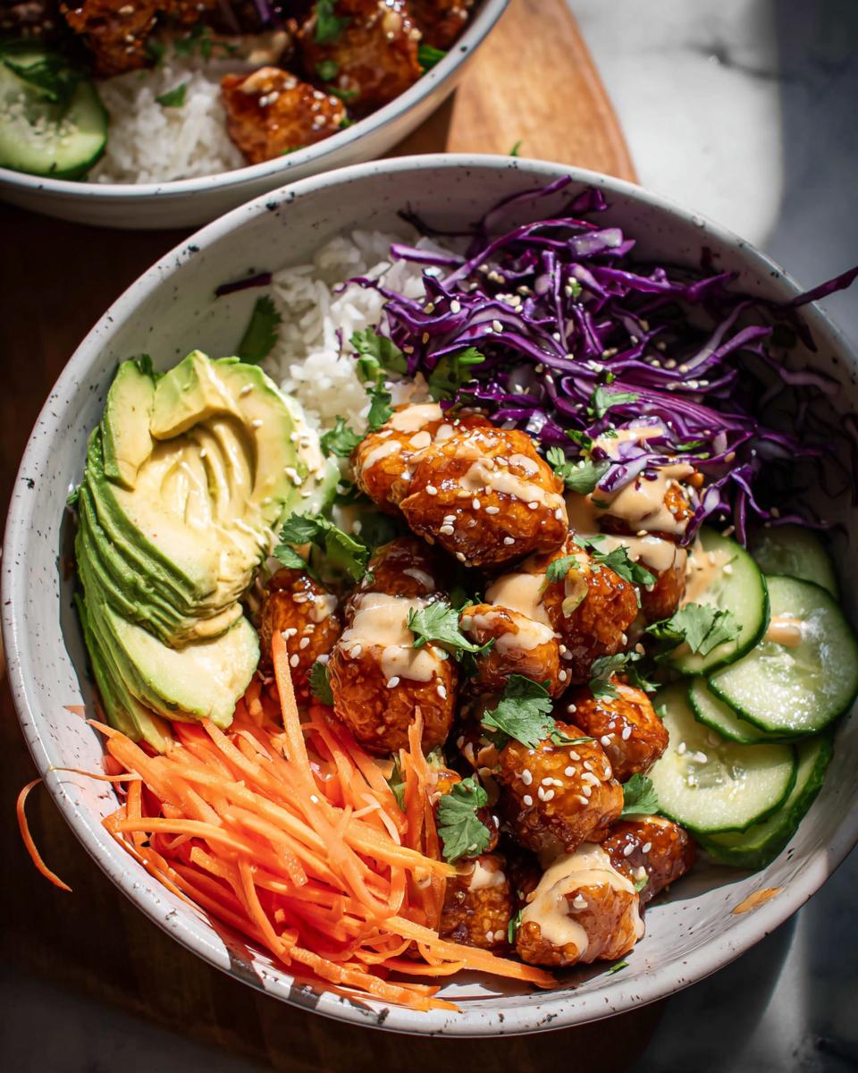 Close-up of a vibrant Bang Bang Chicken Bowl featuring crispy chicken, avocado, shredded carrots, cabbage, and cucumber over rice.