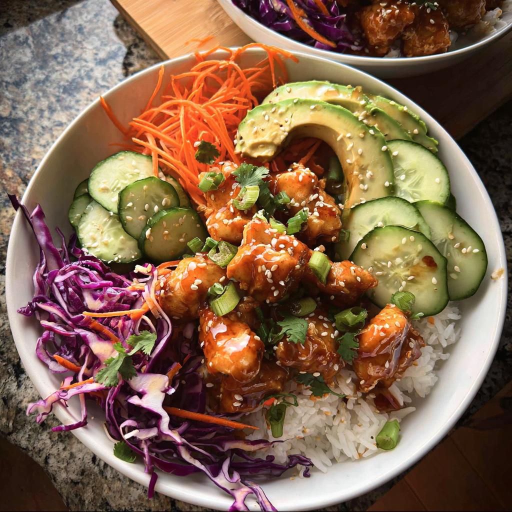 A vibrant Bang Bang Chicken Bowl featuring saucy chicken over rice, topped with avocado, cucumber, carrots, and purple cabbage.