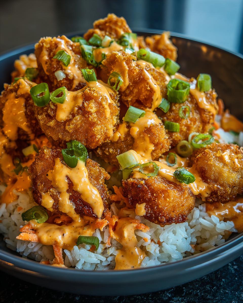 Close-up of a Bang Bang Chicken Bowl featuring crispy fried chicken pieces drizzled with orange sauce over rice and topped with green onions.