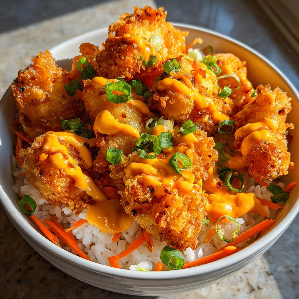 Close-up of a Bang Bang Chicken Bowl featuring crispy fried chicken, orange sauce, rice, carrots, and green onions.