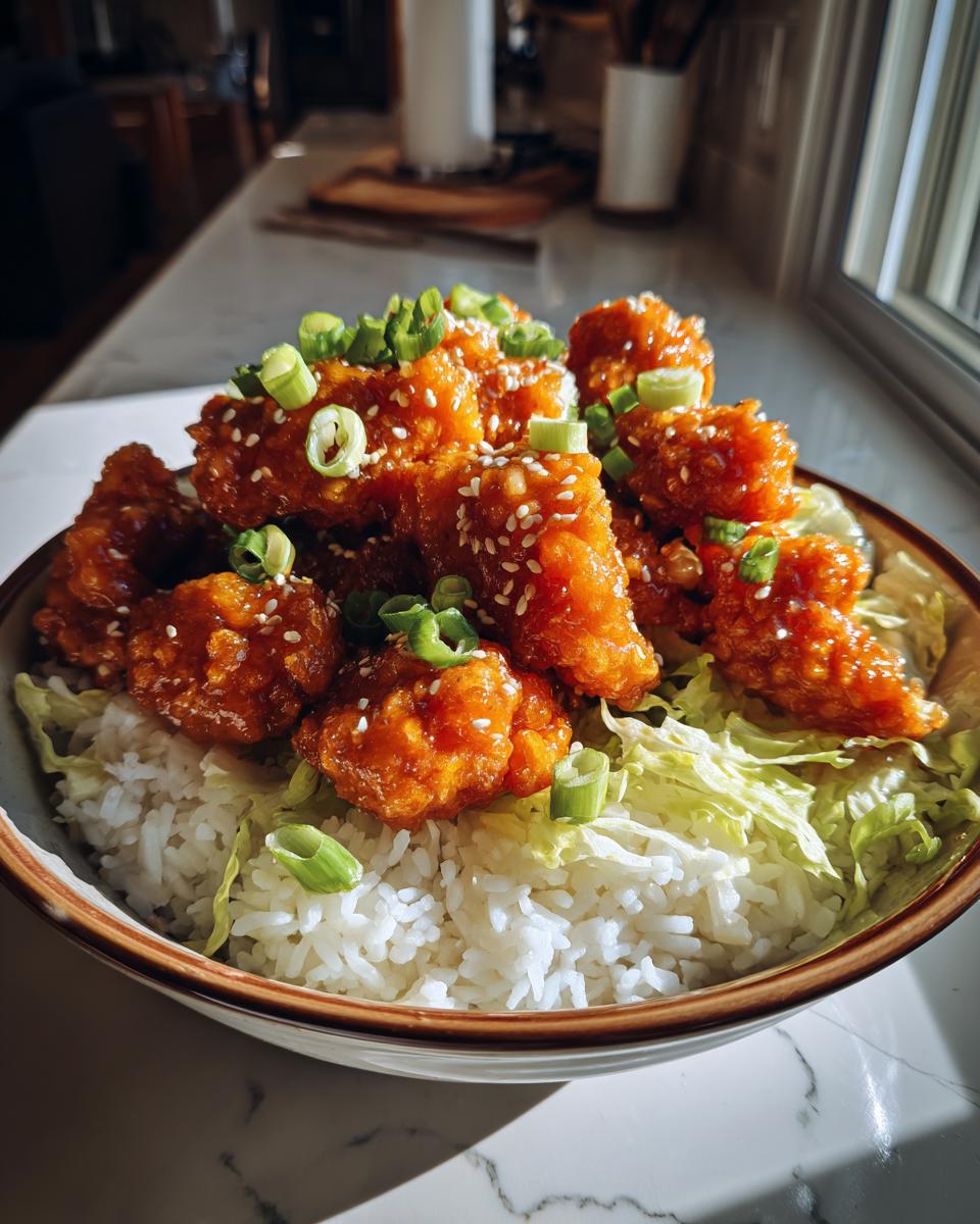 Close-up of a Bang Bang Chicken Bowl featuring saucy chicken pieces over rice and lettuce, garnished with sesame seeds and green onions.