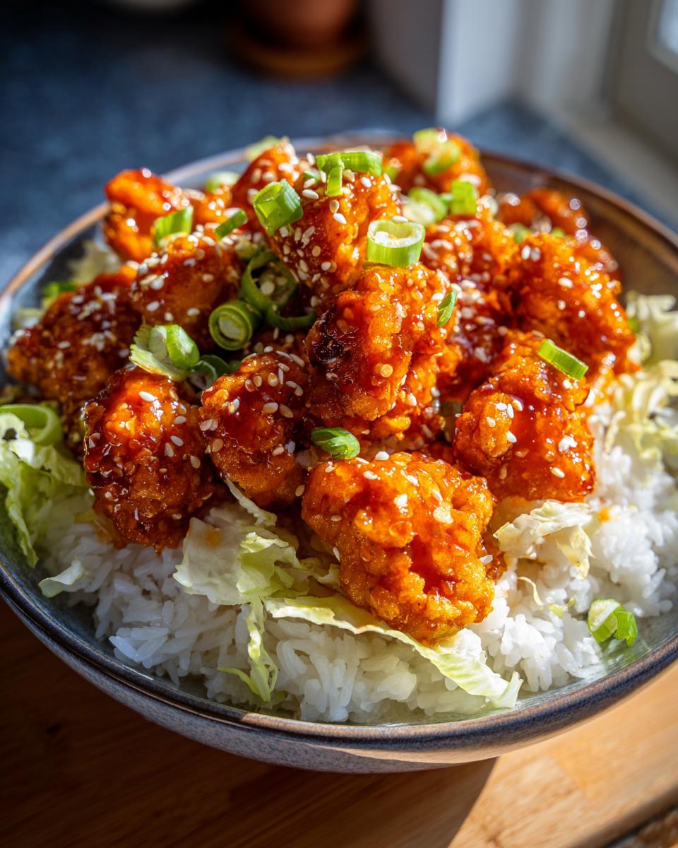 Close-up of a Bang Bang Chicken Bowl featuring crispy chicken coated in orange sauce, served over rice and lettuce, topped with sesame seeds.