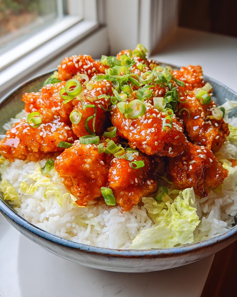Close-up of a Bang Bang Chicken Bowl featuring crispy chicken coated in orange sauce over white rice and lettuce.