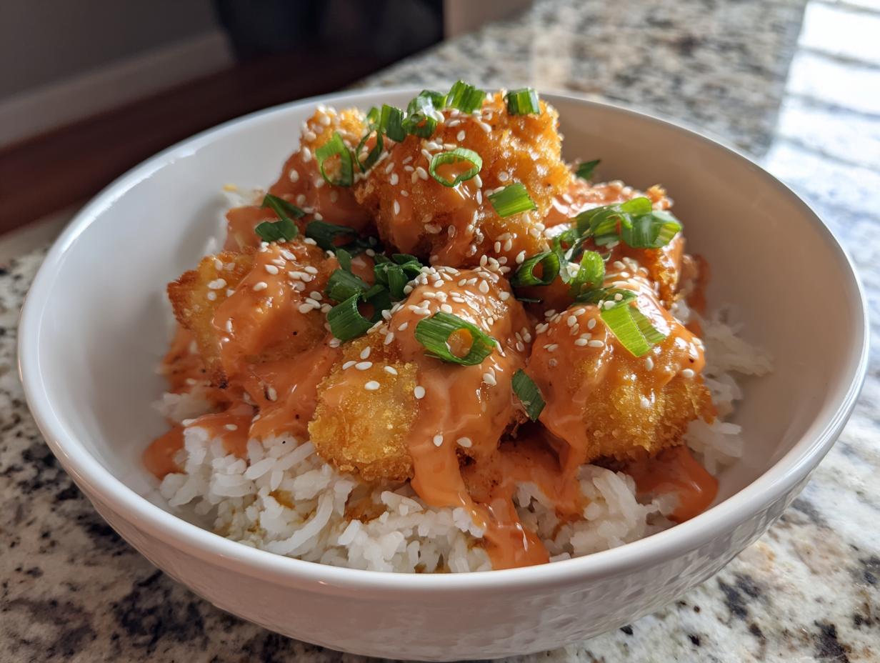 Close-up of a white bowl filled with white rice topped with crispy Bang Bang Chicken Bowl pieces, drizzled with orange sauce, sesame seeds, and green onions.