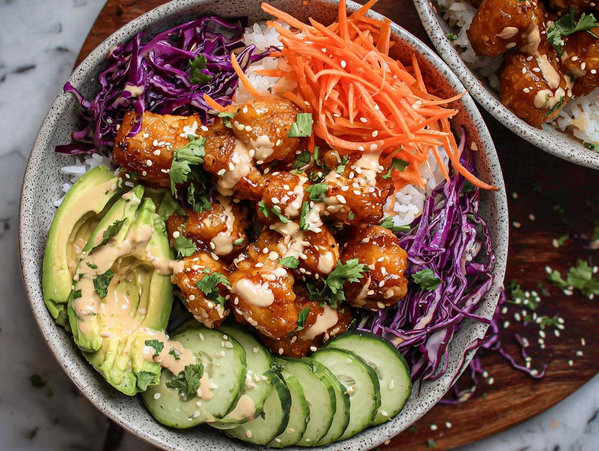 Close-up of a vibrant Bang Bang Chicken Bowl featuring crispy chicken, rice, avocado, shredded carrots, and red cabbage.