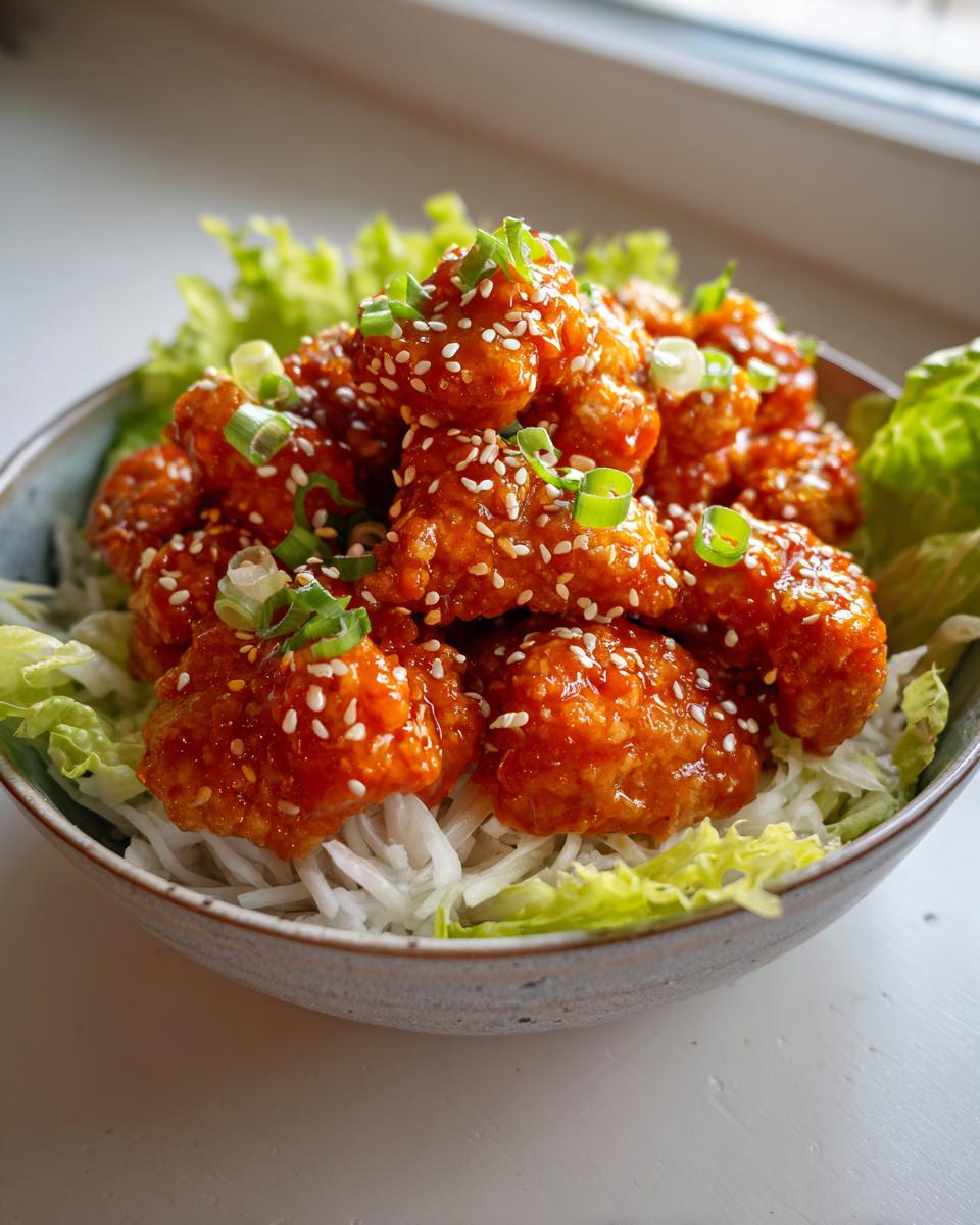 Close-up of a Bang Bang Chicken Bowl featuring crispy, glazed chicken pieces over shredded lettuce and rice, topped with sesame seeds.