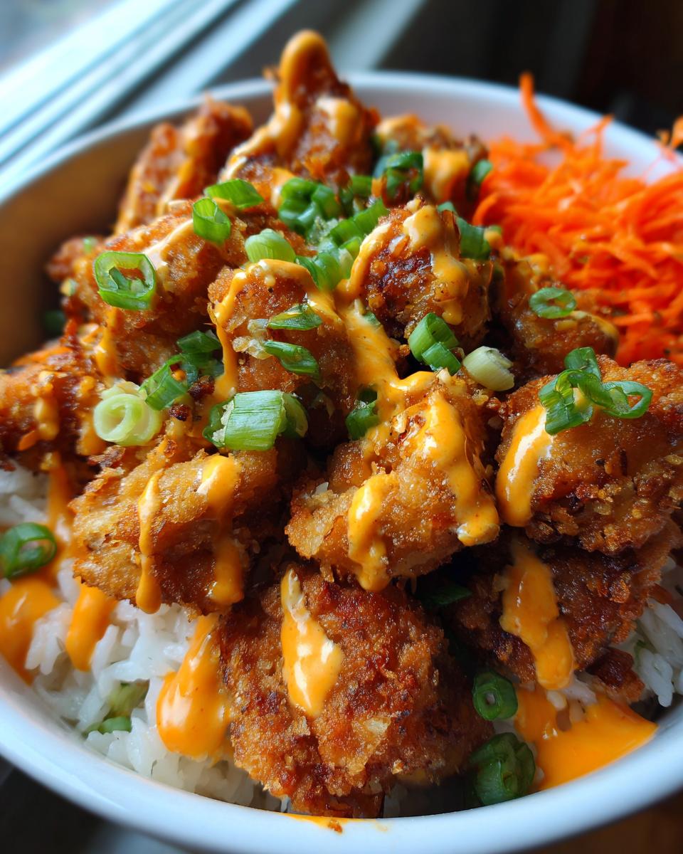 Close-up of a delicious Bang Bang Chicken Bowl featuring crispy chicken over rice, drizzled with orange sauce and topped with green onions.