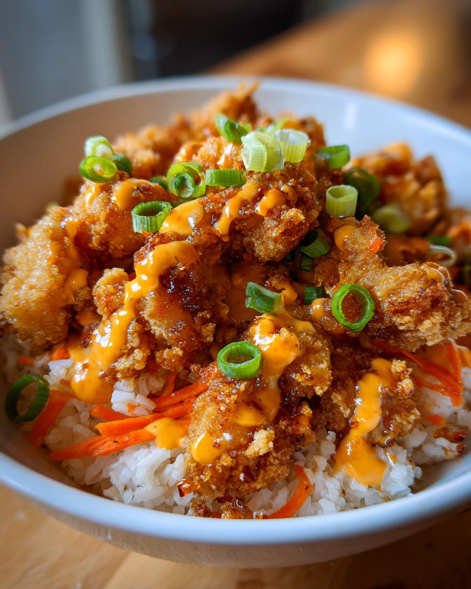 Close-up of a Bang Bang Chicken Bowl featuring crispy chicken, rice, shredded carrots, and a creamy orange sauce drizzle, topped with green onions.