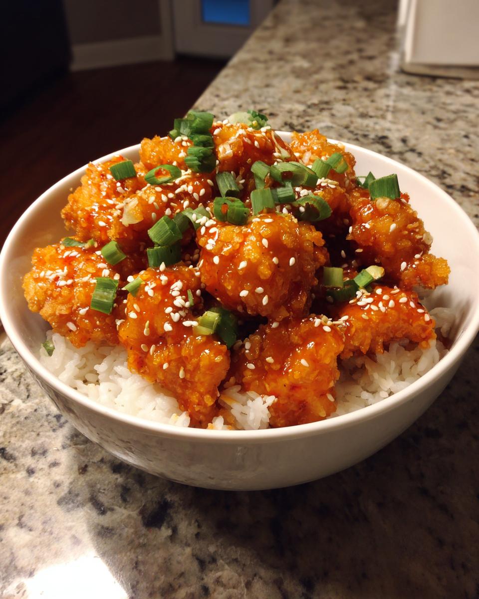 A white bowl filled with white rice topped with crispy, saucy Bang Bang Chicken, garnished with sesame seeds and green onions.