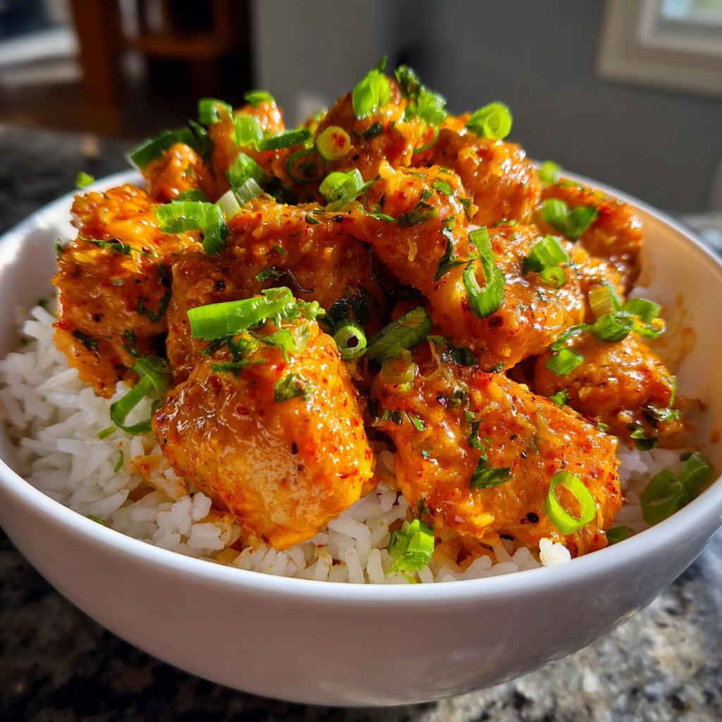 A close-up shot of a white bowl filled with white rice topped with crispy, saucy Bang Bang Chicken and garnished with fresh green onions.