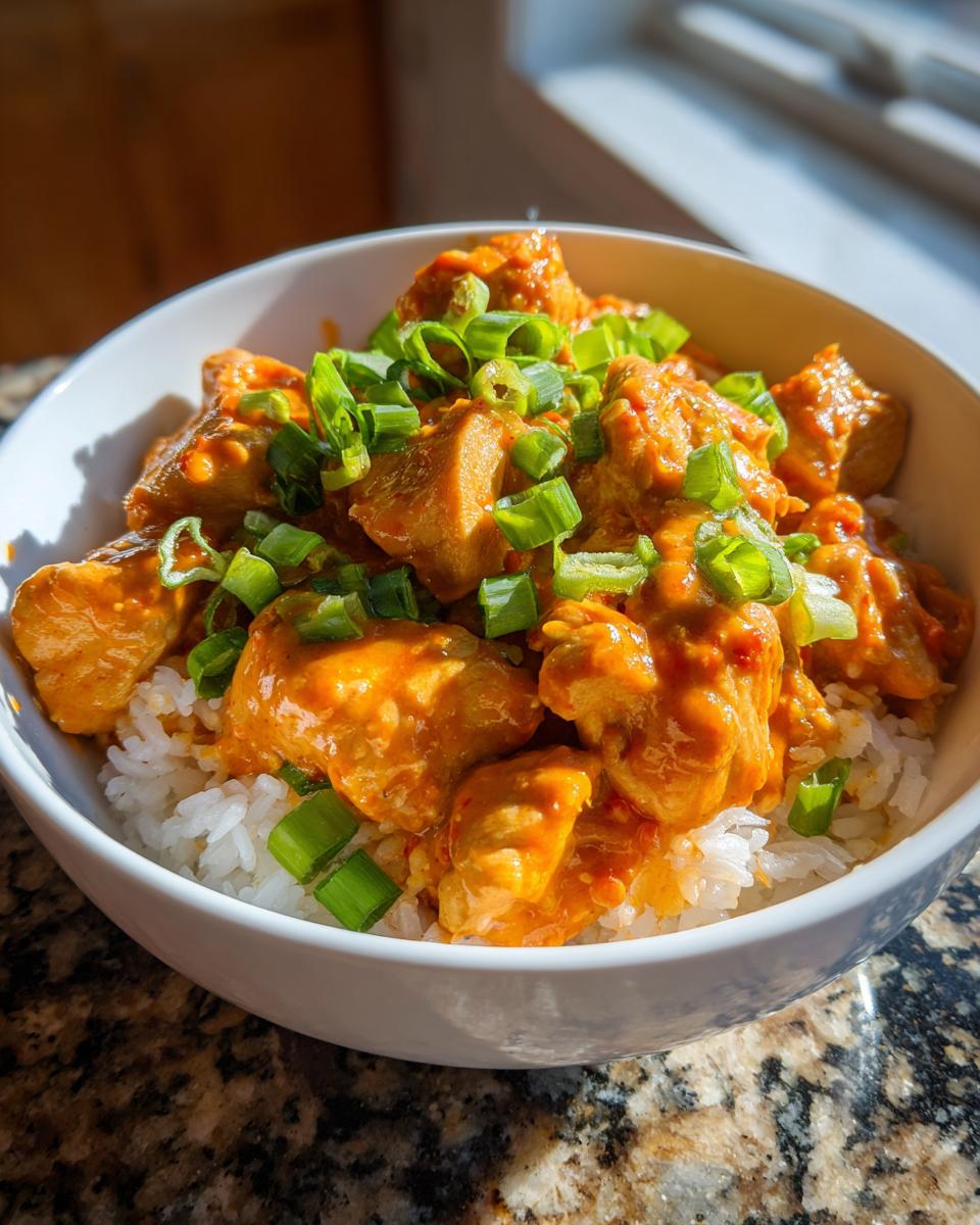 A white bowl filled with white rice topped with creamy, orange Bang Bang Chicken Bowl pieces and fresh green onions.