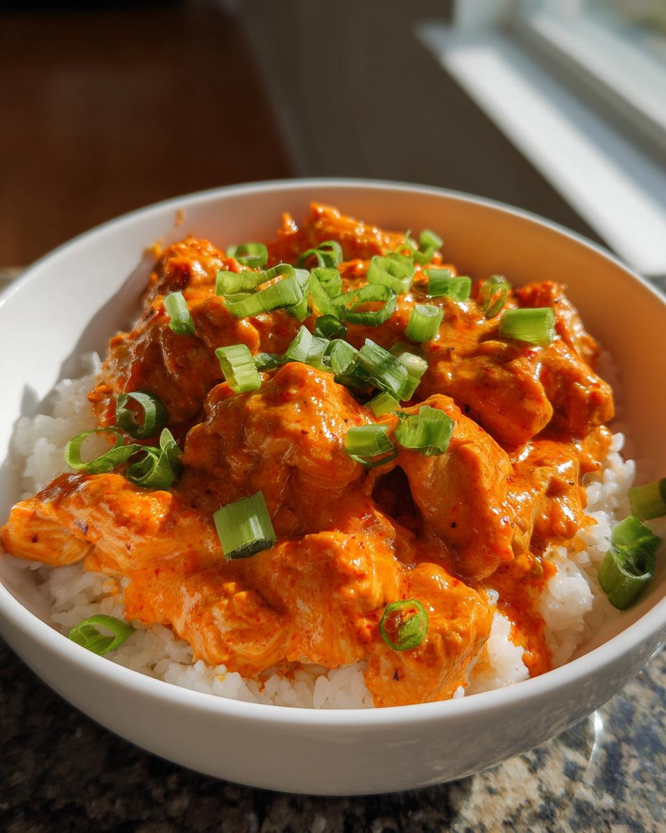 Close-up of a white bowl filled with white rice topped with creamy, orange Bang Bang Chicken and sliced green onions.