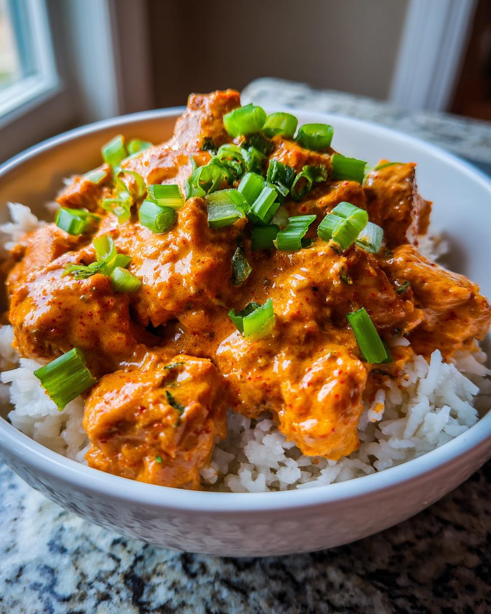 Close-up of a white bowl filled with white rice topped with saucy Bang Bang Chicken Bowl pieces and garnished with chopped green onions.