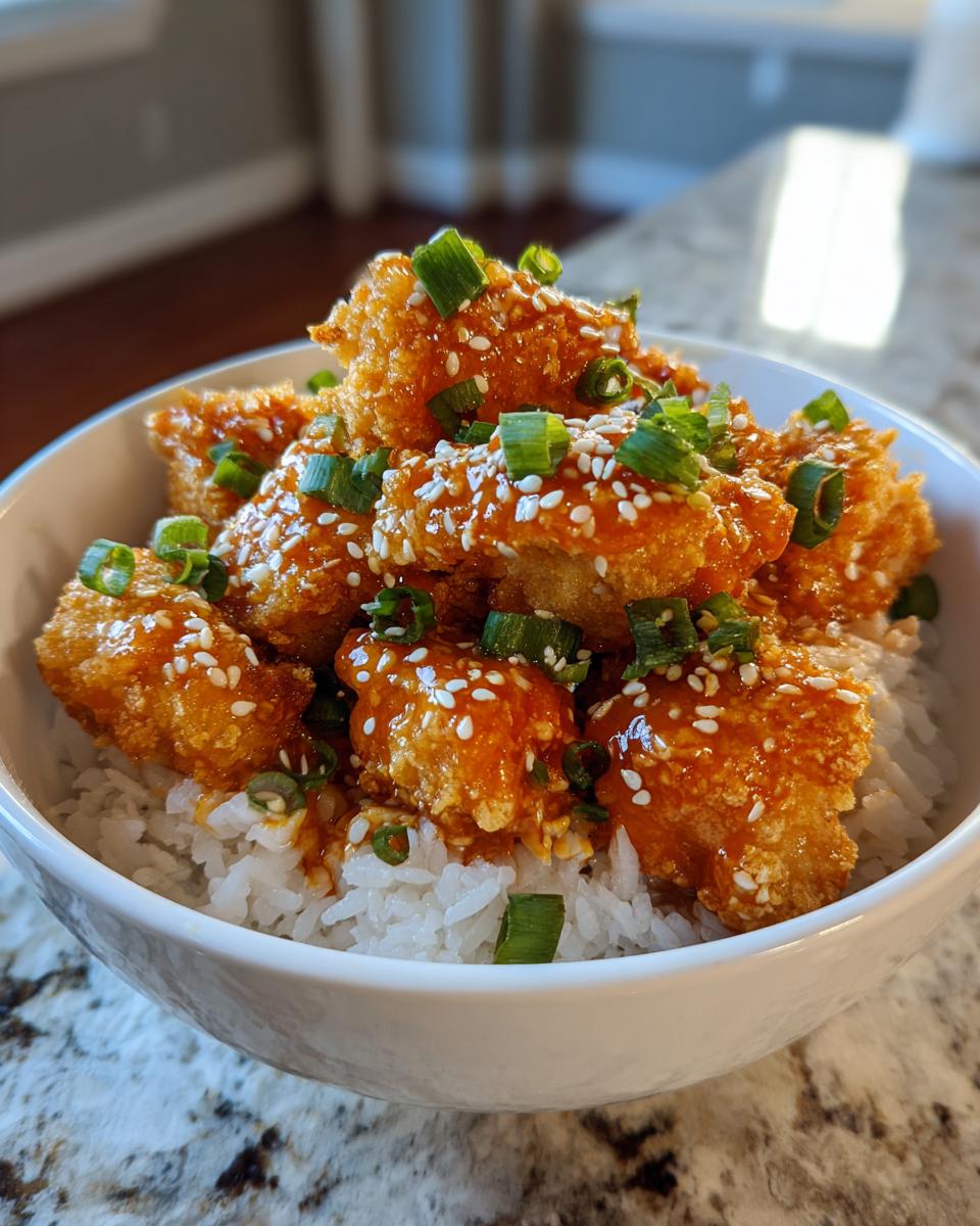 A white bowl filled with white rice topped with crispy, saucy Bang Bang Chicken Bowl pieces, garnished with sesame seeds and green onions.