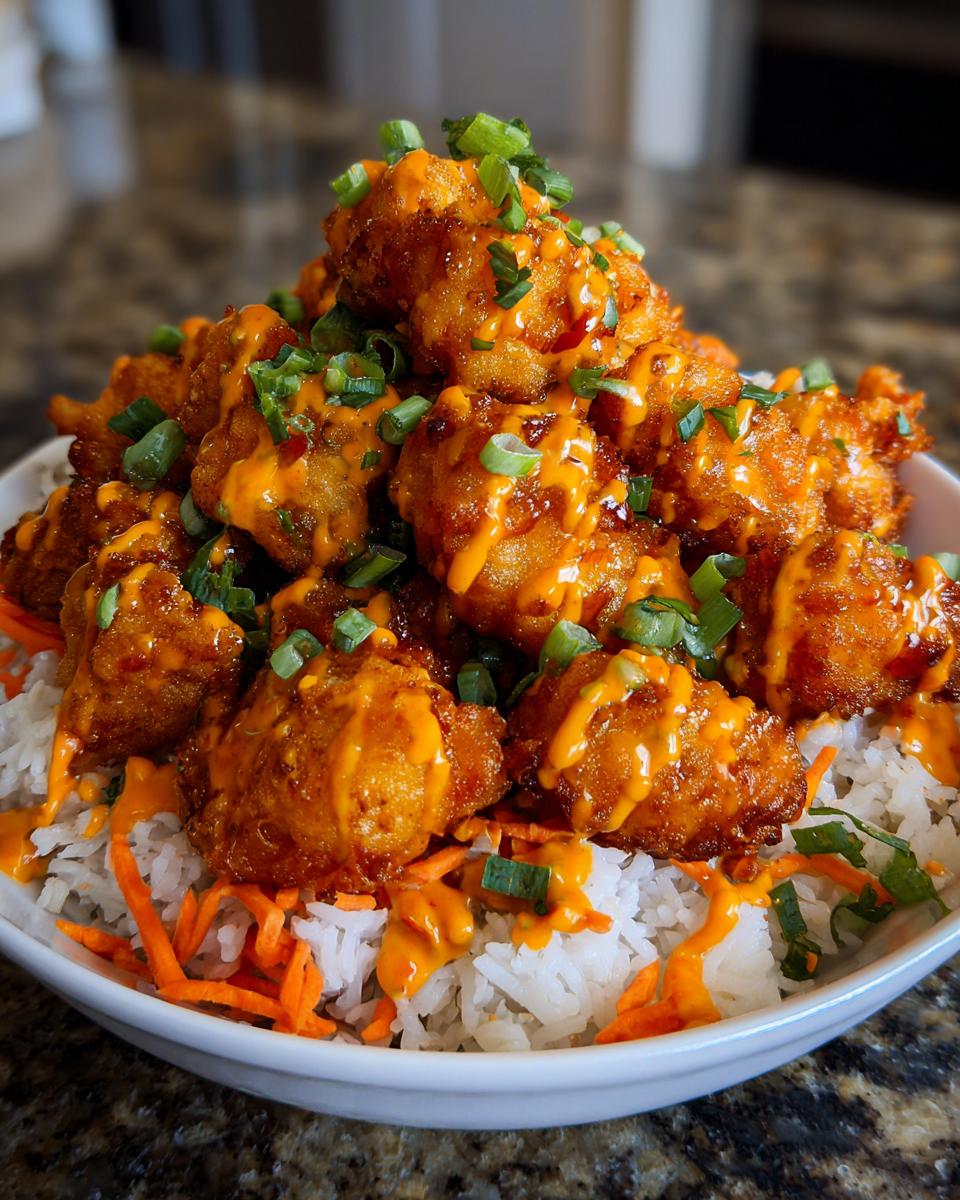 A close-up of a Bang Bang Chicken Bowl featuring crispy chicken pieces drizzled with orange sauce over white rice and shredded carrots.