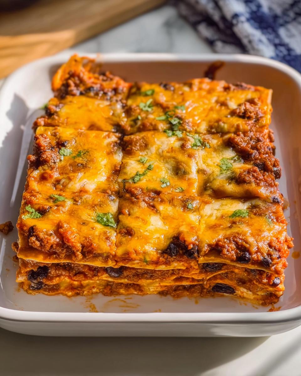 Close-up of a portion of layered Beef Enchilada Casserole topped with melted orange cheese and cilantro.