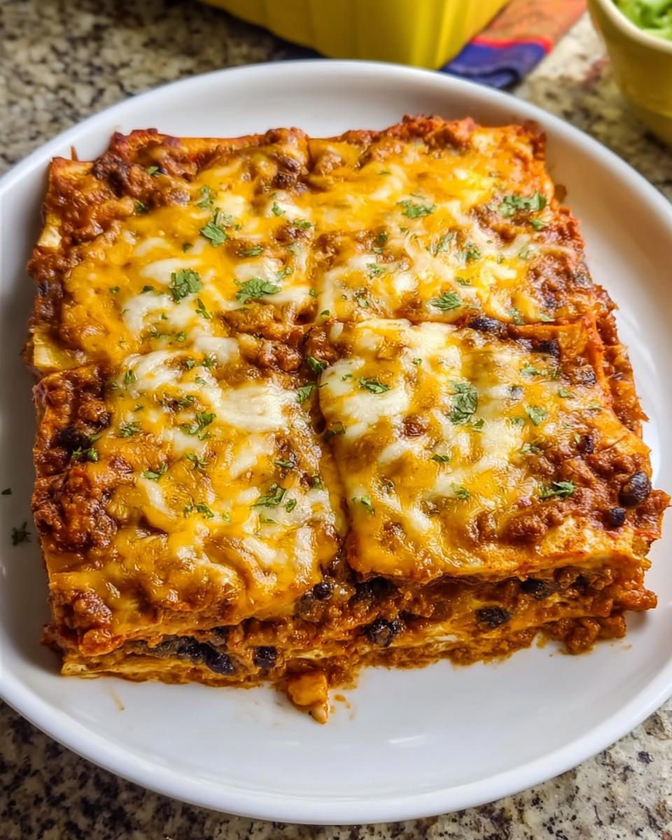 Close-up of two square servings of Beef Enchilada Casserole topped with melted cheddar and Monterey Jack cheese and cilantro.