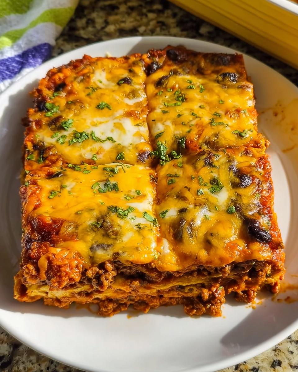 A square serving of layered Beef Enchilada Casserole topped with melted cheddar and Monterey Jack cheese and fresh cilantro.