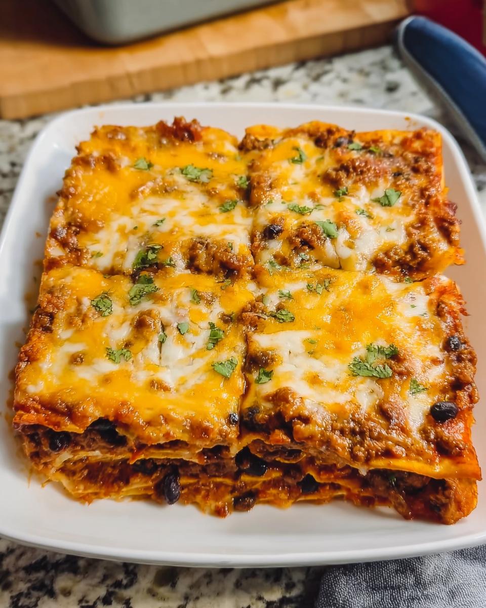Four squares of baked Beef Enchilada Casserole stacked with layers, topped with melted cheddar and Monterey Jack cheese and cilantro.
