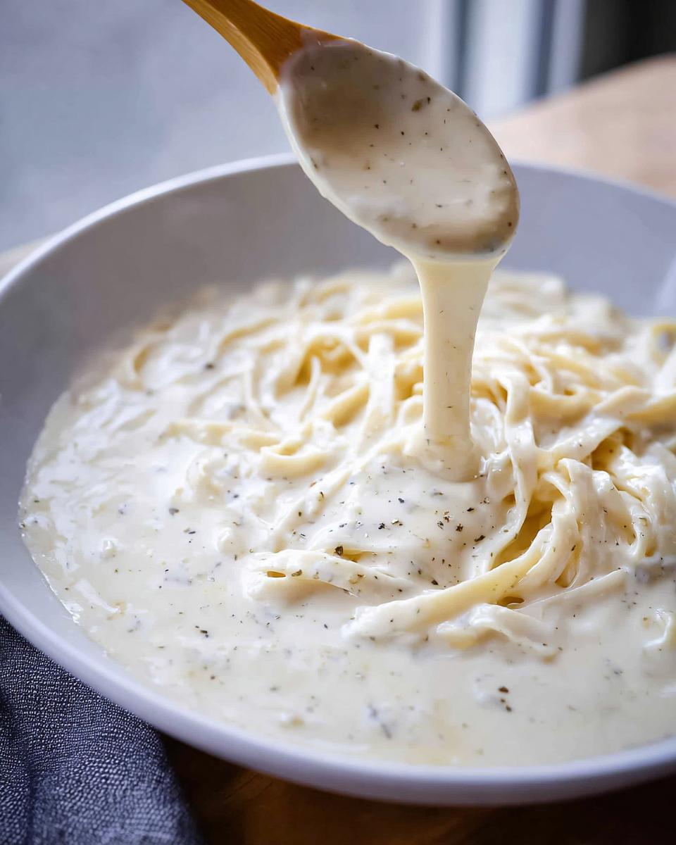 A wooden spoon pours thick, creamy Best Alfredo Sauce Recipe Ever over a bowl of fettuccine pasta.