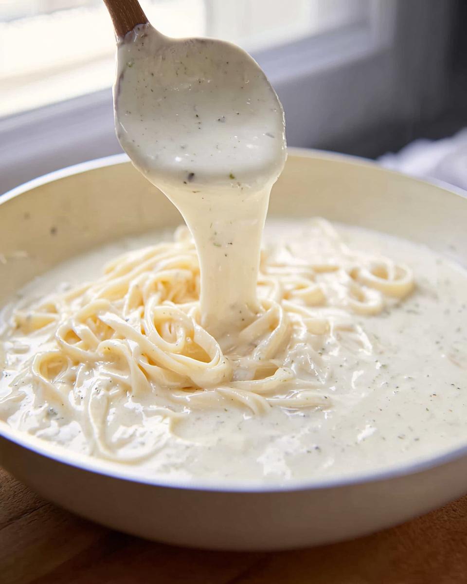 A wooden spoon pours thick, creamy Alfredo sauce over cooked fettuccine pasta in a white bowl.