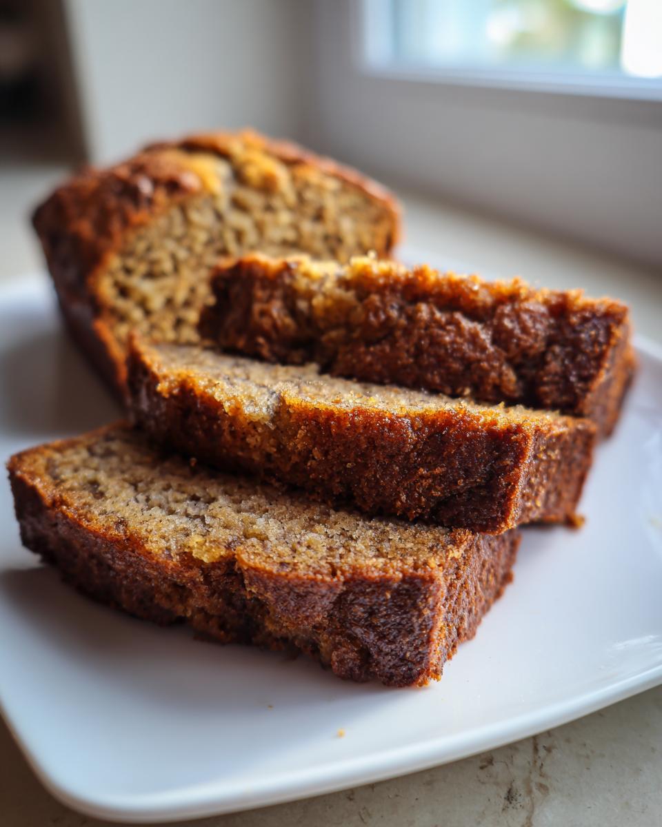 Close-up of three moist slices of banana bread stacked on a white plate, with the rest of the loaf blurred in the background.