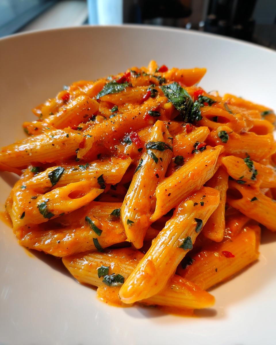Close-up of The Best Creamy Garlic Tomato Pasta made with penne, rich orange sauce, and fresh basil.