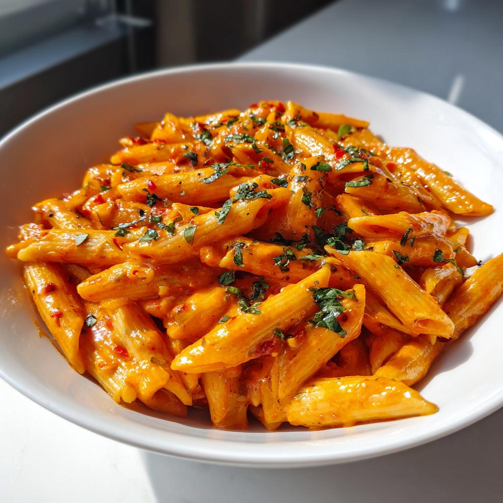 Close-up of a white bowl filled with the Best Creamy Garlic Tomato Pasta, garnished with fresh parsley.