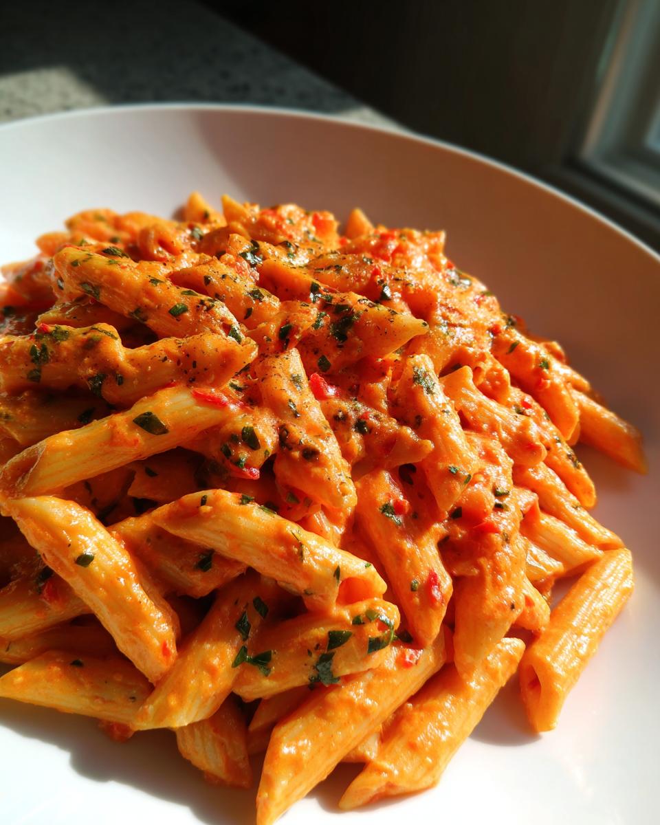 Close-up of penne pasta coated in a rich, creamy garlic tomato sauce, garnished with herbs.