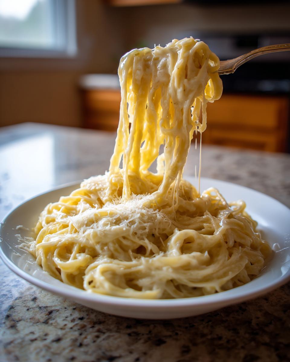 A fork lifts a tangle of linguine coated in rich, creamy sauce from a bowl of the best creamy pasta recipe.