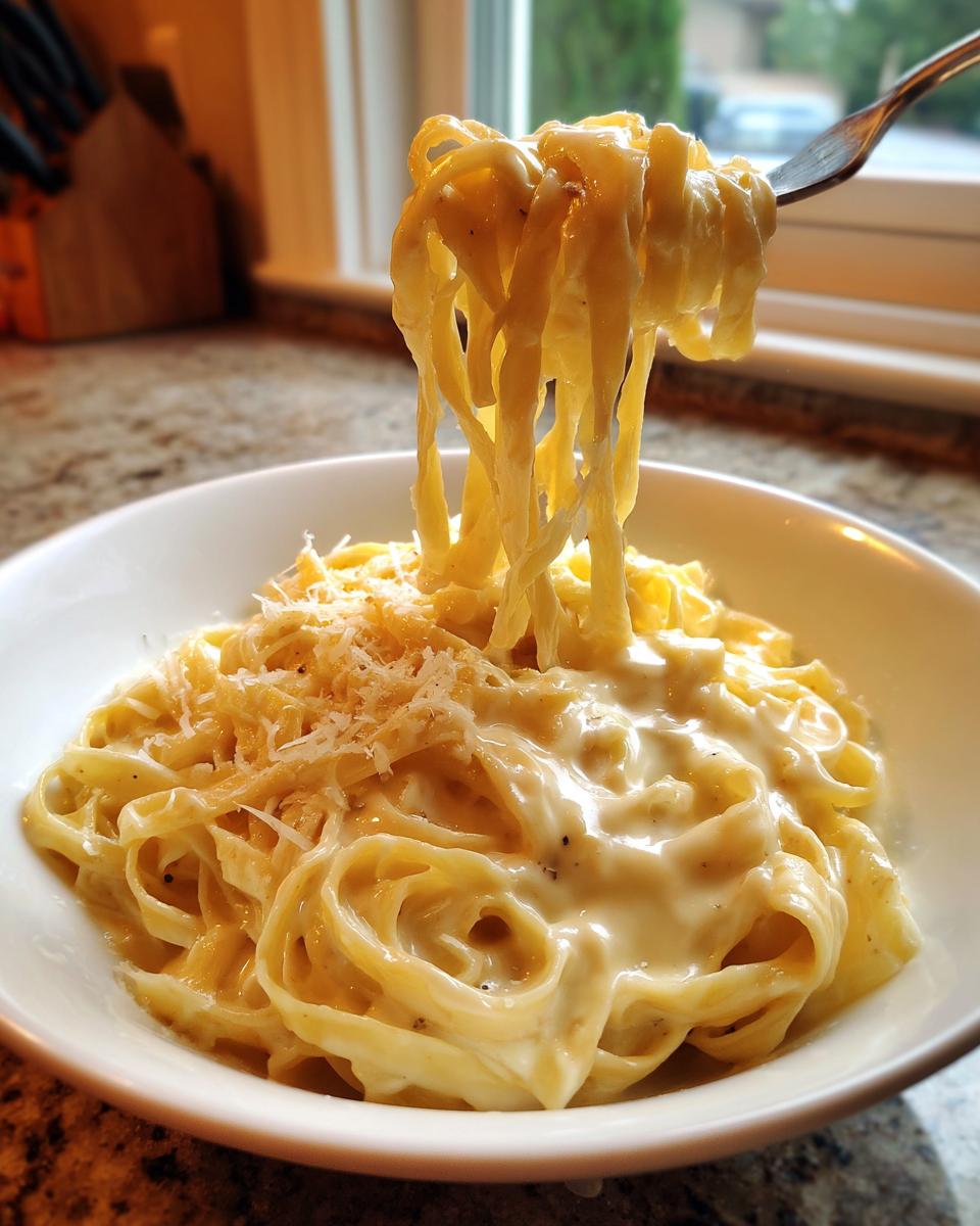 A fork lifting creamy fettuccine noodles coated in rich sauce from a bowl of the best creamy pasta recipe.